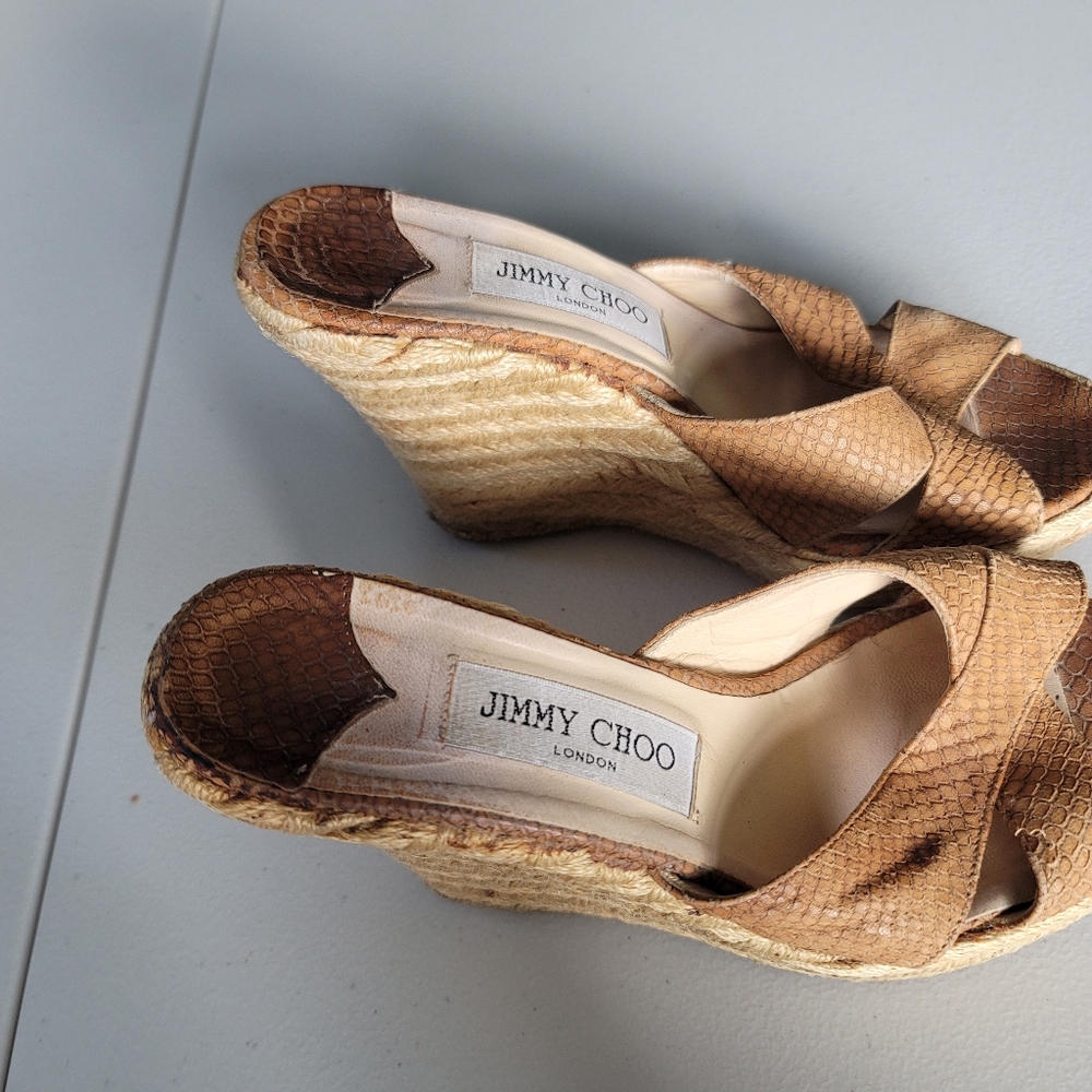 Jimmy Choo Tan Leather Wedge Slides Sandals Size 39 Made in Italy - Picture 2 of 12